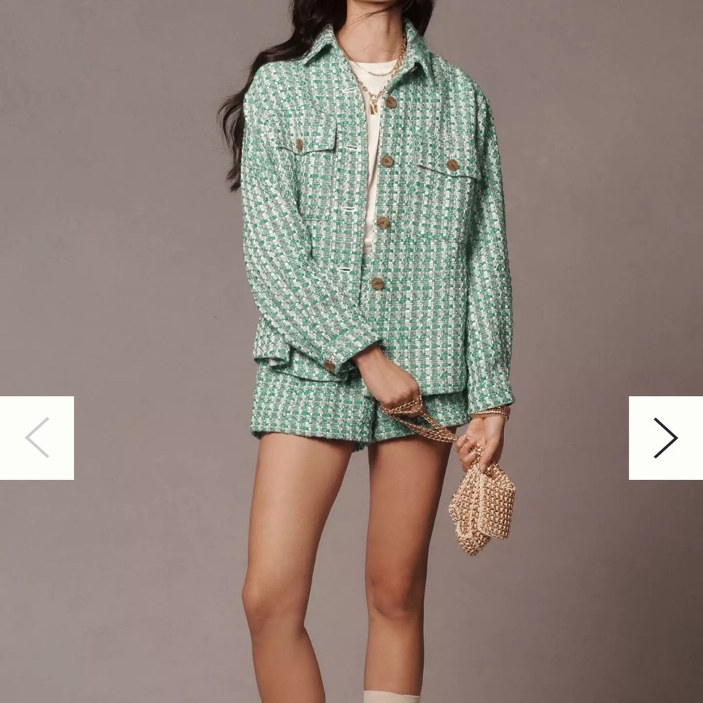 Anthropologie Maeve Plaid Tweed Relaxed Shacket Shirt Jacket Preppy Green M EUC - Picture 9 of 12